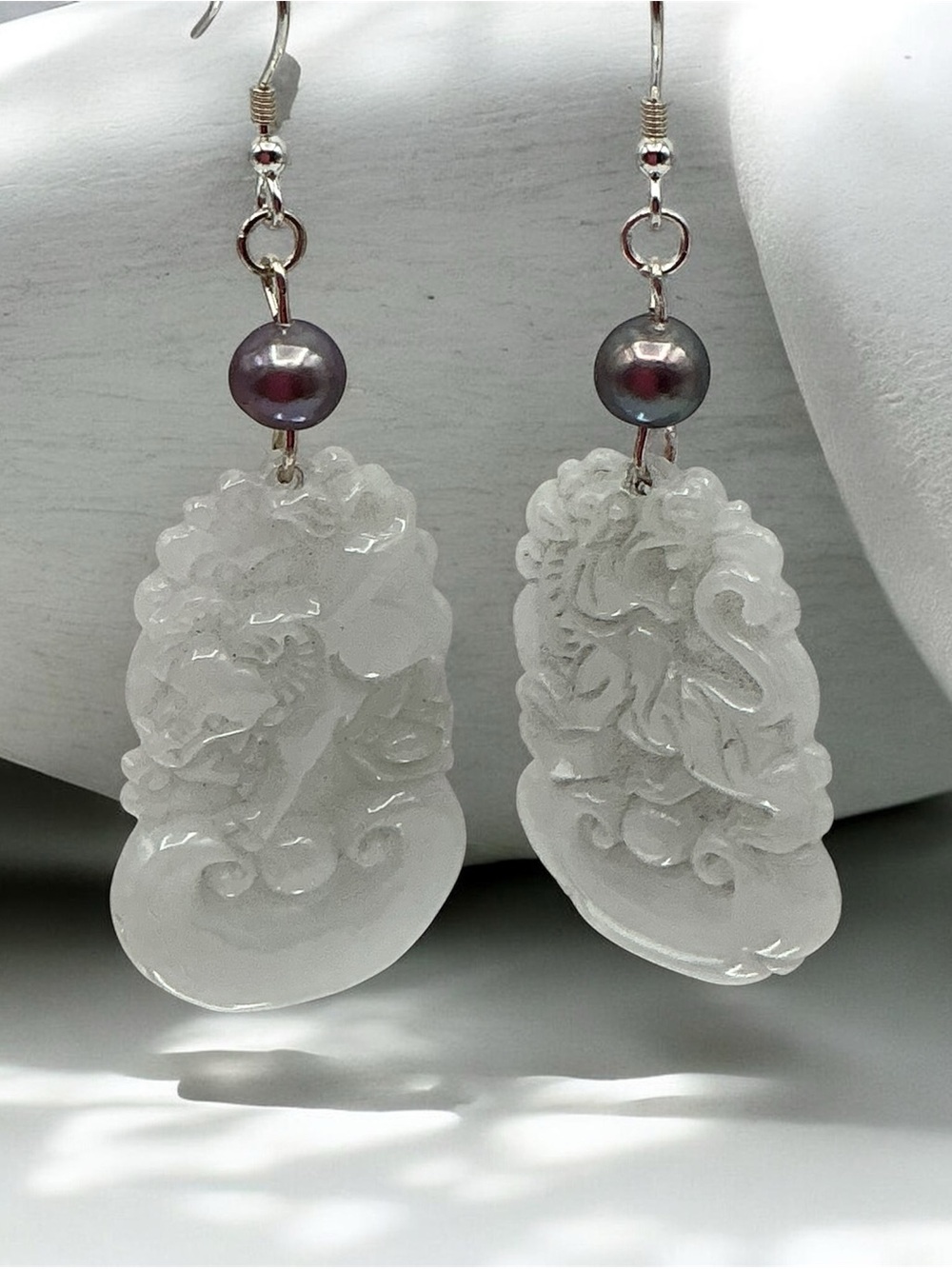 White Dragon Jade Carved Drop Earrings with Purple Pearl